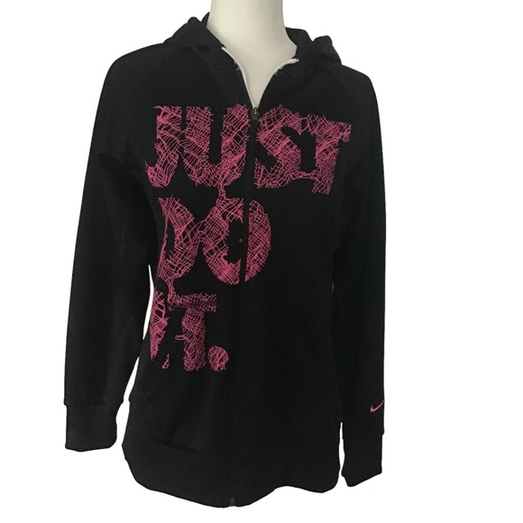 Nike Jackets & Blazers - NIKE “Just Do It” Athletic Jacket Hooded Black & Pink Zip Up Long Sleeves Size M